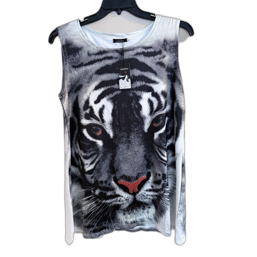 NWT CharMma Tiger Face Graphic Tank Top - XL - Photo Real Animal Print